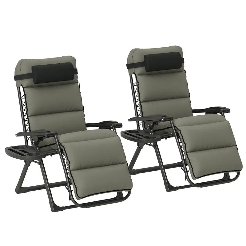 Set Of 2 Zero Gravity Chairs With Cup And Phone Holder Tray, Grey 1