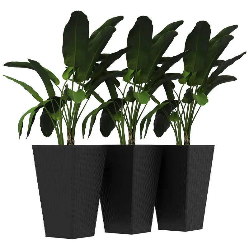 Set Of 3 Tall Planters For Outdoor Plants With Drainage Hole, Indoor Outdoor Planter Flower Pot Set For Front Door, Entryway, Patio And Deck, Black 1