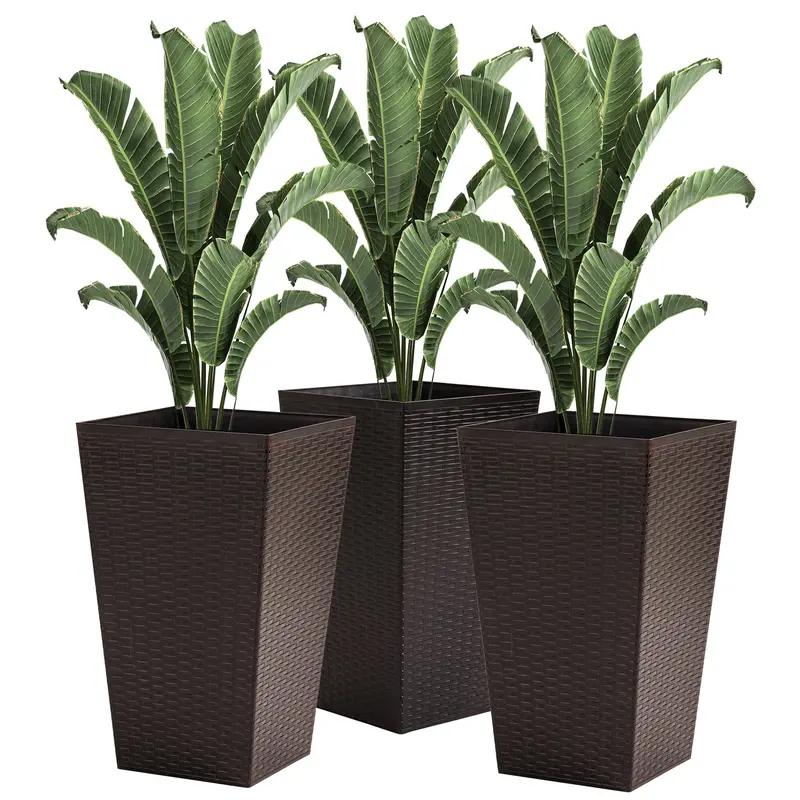 Set Of 3 Tall Planters For Outdoor Plants With Drainage Hole, Indoor Outdoor Planter Flower Pot Set For Front Door, Entryway, Patio And Deck, Brown 1