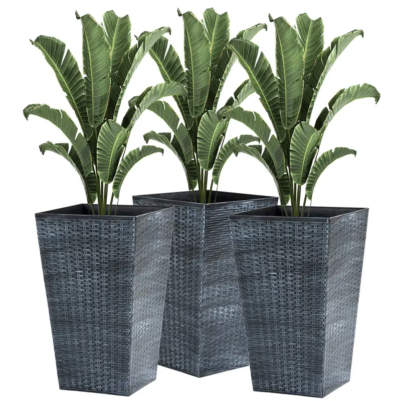 Set Of 3 Tall Planters For Outdoor Plants With Drainage Hole, Indoor Outdoor Planter Flower Pot Set For Front Door, Entryway, Patio And Deck, Mixed Grey 1