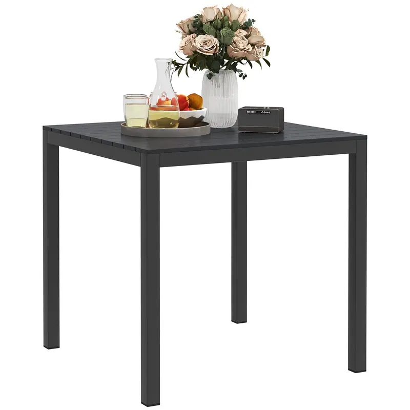 Square Outdoor Dining Table For 4 With Aluminum Steel Frame & Wood Grain Top, Black 1