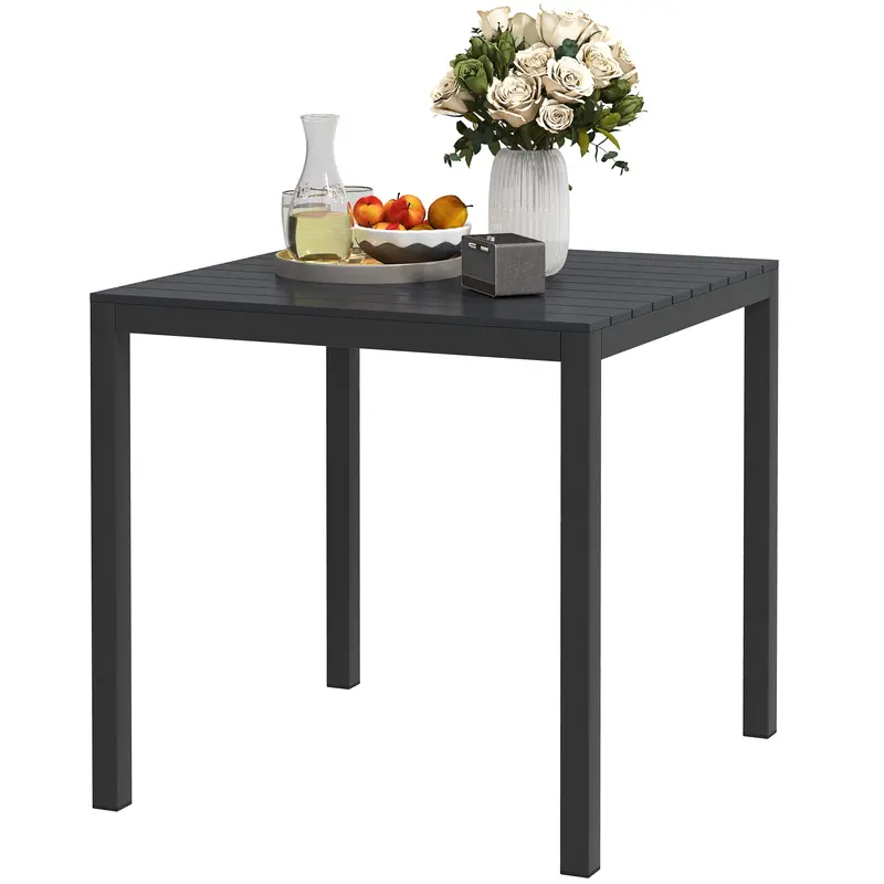 Square Outdoor Dining Table For 4 With Aluminum Steel Frame & Wood Grain Top, Black 2