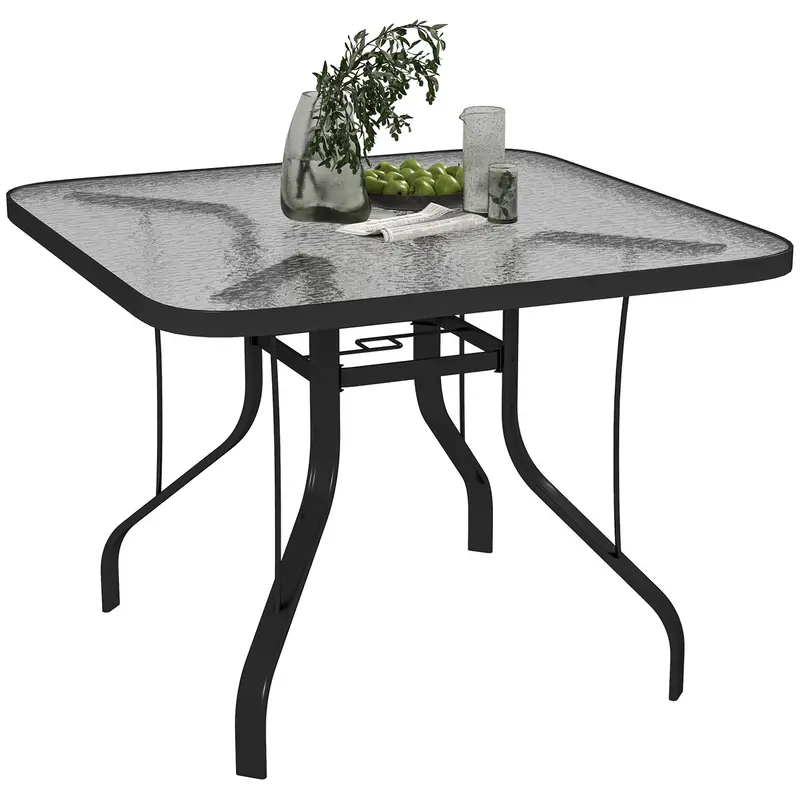 Square Patio Dining Table W/ 2.1" Umbrella Hole & Tempered Glass For Garden, Black 1