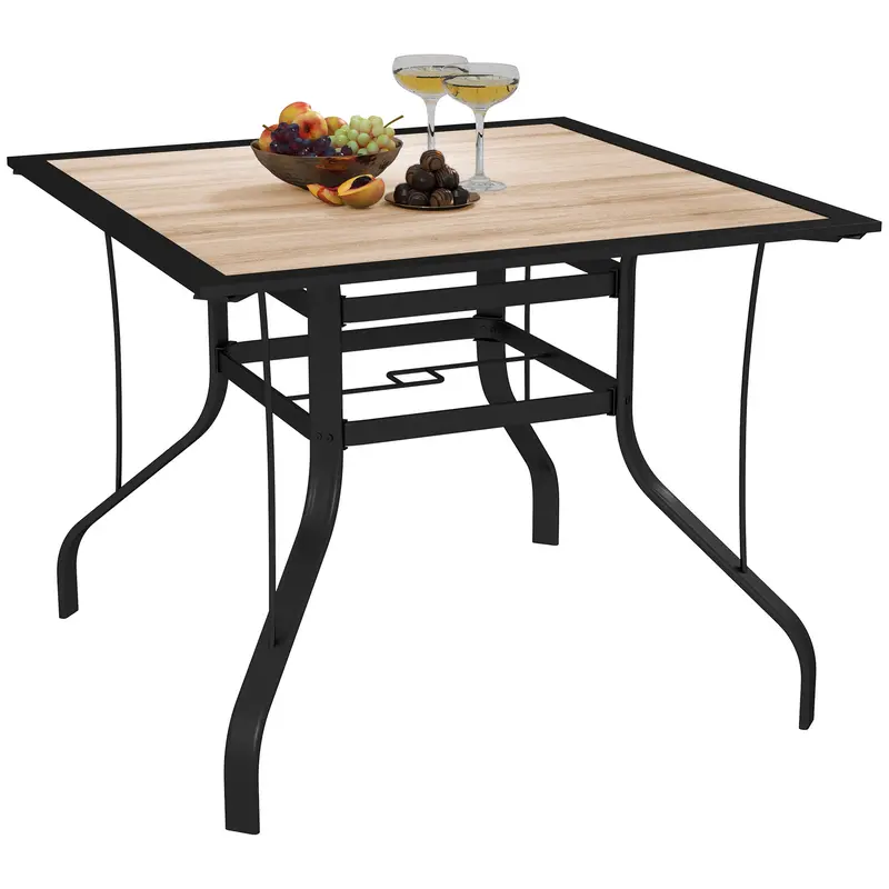 Square Patio Dining Table W/ Umbrella Hole & Rustproof Steel Frame For Garden Pool, Brown 1