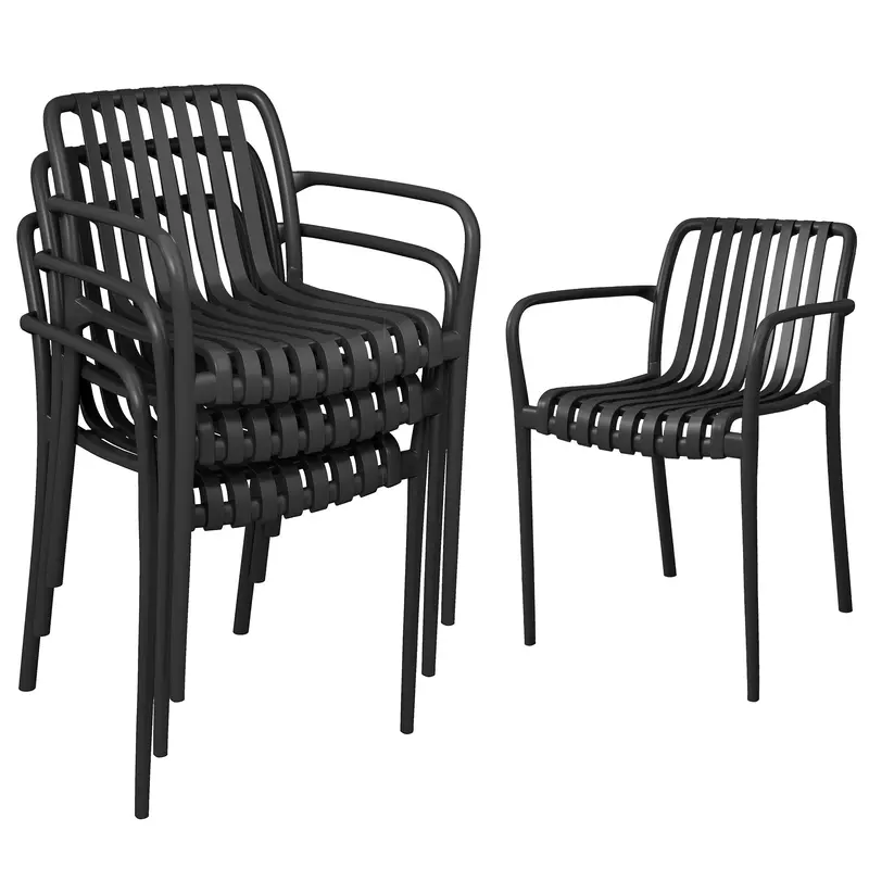 Stackable Patio Dining Chairs 4-Pack, Plastic Curved Back With Armrests, Black 1