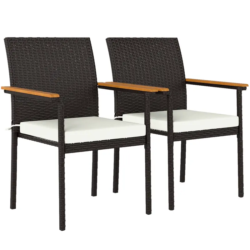 Stackable Wicker Patio Chairs Set Of 2 With Removable Cushion & Armrest, Cream White 1