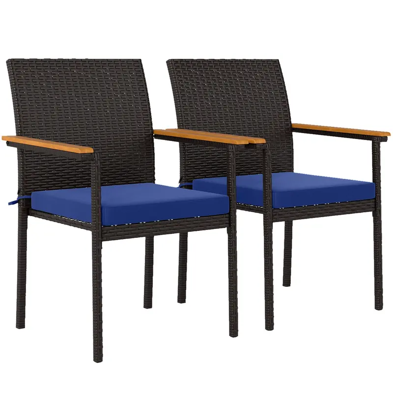 Stackable Wicker Patio Chairs Set Of 2 With Removable Cushion & Armrest, Navy Blue 1