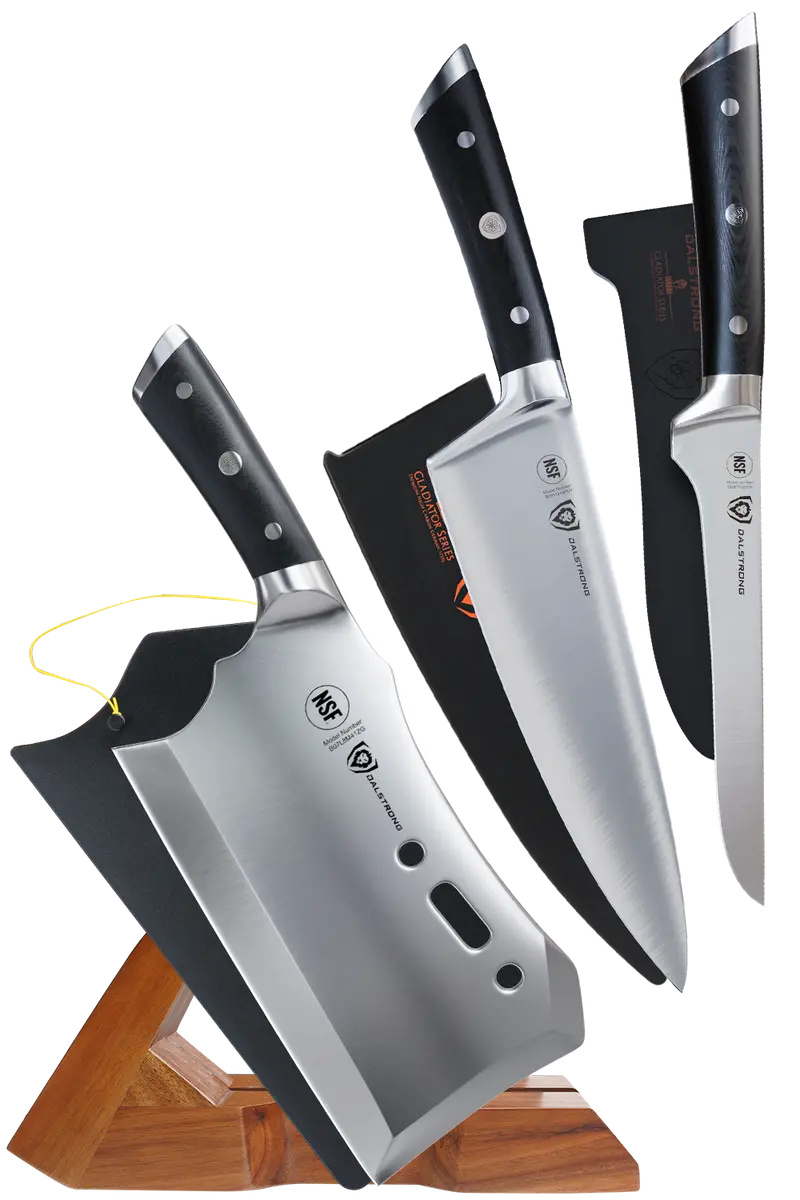 The Gladiator Bbq Bundle | 8" Chef's Knife + 6" Boning Knife + 9" Meat Cleaver With Stand 1