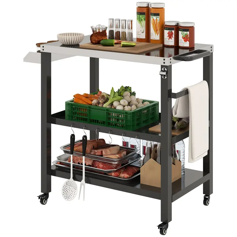Three-Shelf Outdoor Kitchen Prep Station With Wheels, Black 1