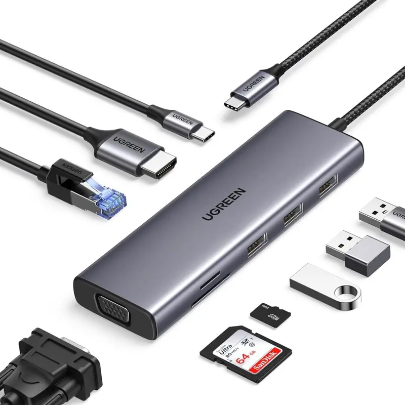 Ugreen 9-In-1 Type-C Hub | Hdmi | Vga | Lan | Sd/Tf | 100W Pd | Usb3.0 2