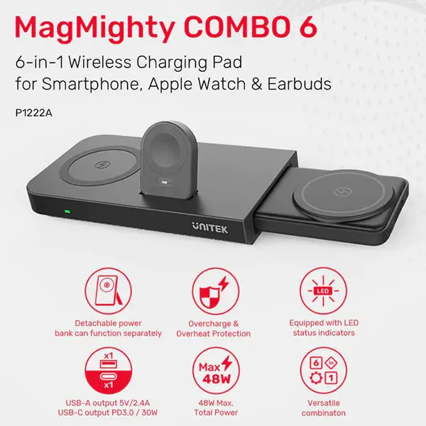 Unitek Magmighty Combo 6 6-In-1 Wireless Charging Pad For Smartphone, Apple Watch & Earbuds 2