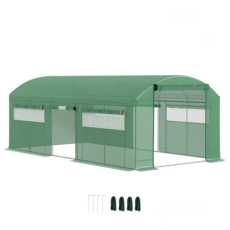 Walk-In Greenhouse With 3 Roll-Up Doors & 6 Mesh Windows, 19.5' X 10' X 7.5', Green 1