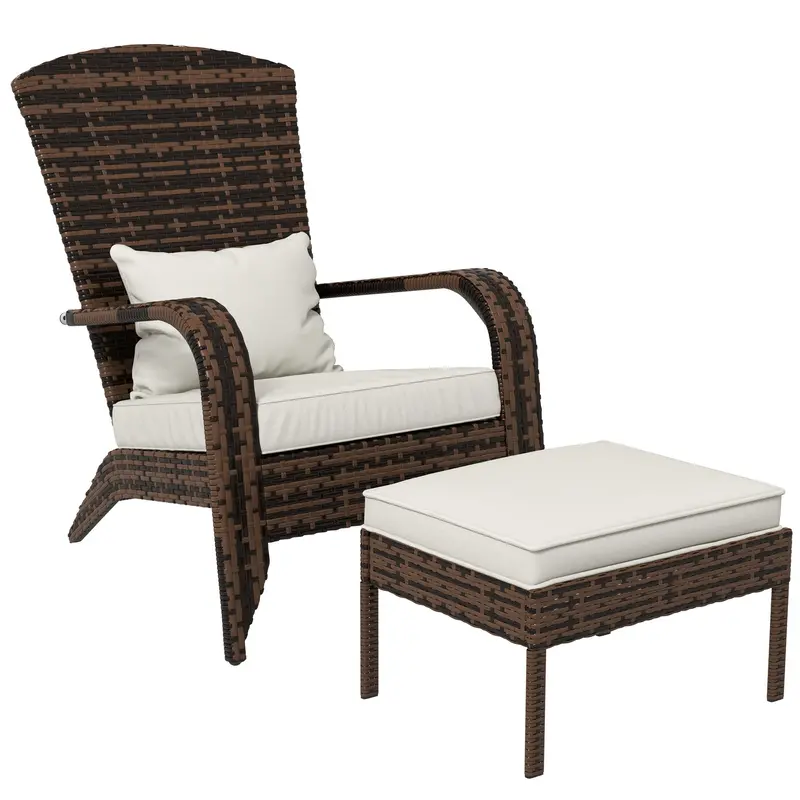 Wicker Adirondack Chair, Outdoor Muskoka Chair With Ottoman, High-Back & Armrests, Brown 1