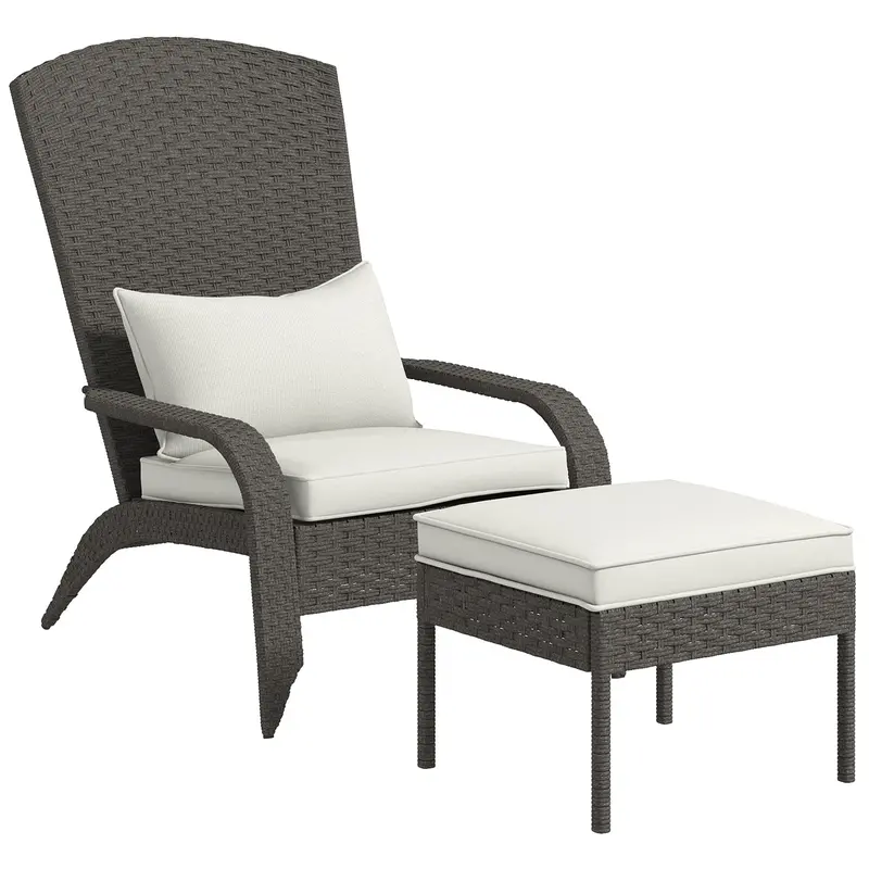 Wicker Adirondack Chair, Outdoor Muskoka Chair With Ottoman, High-Back & Armrests, Grey 1