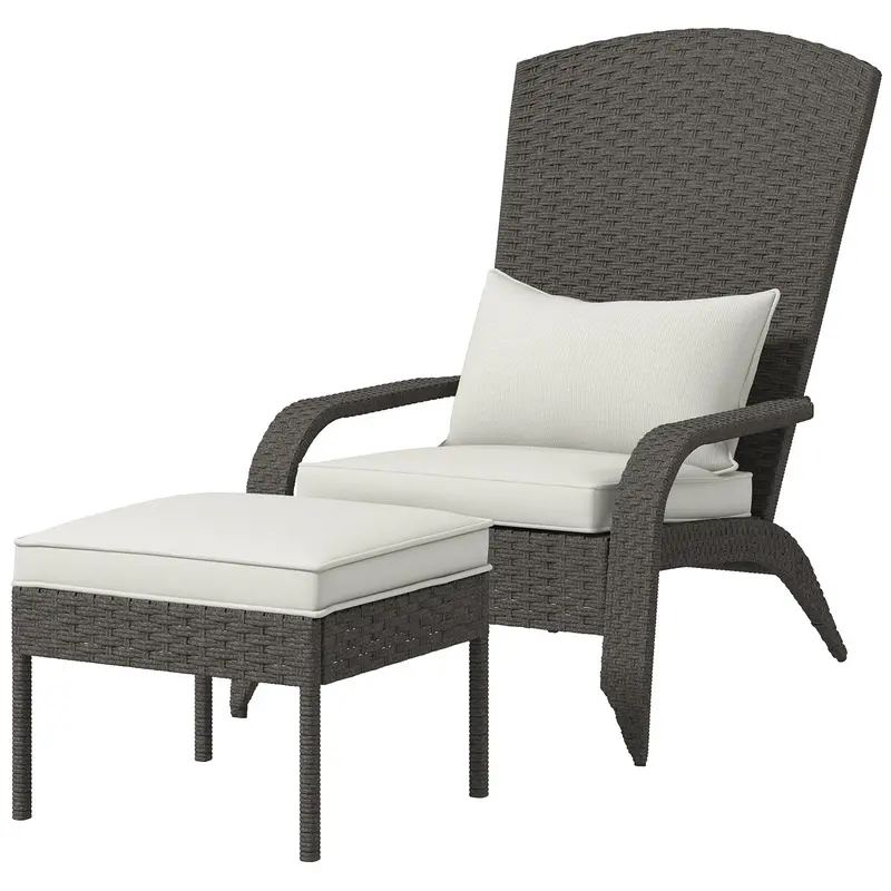Wicker Adirondack Chair, Outdoor Muskoka Chair With Ottoman, High-Back & Armrests, Grey 2