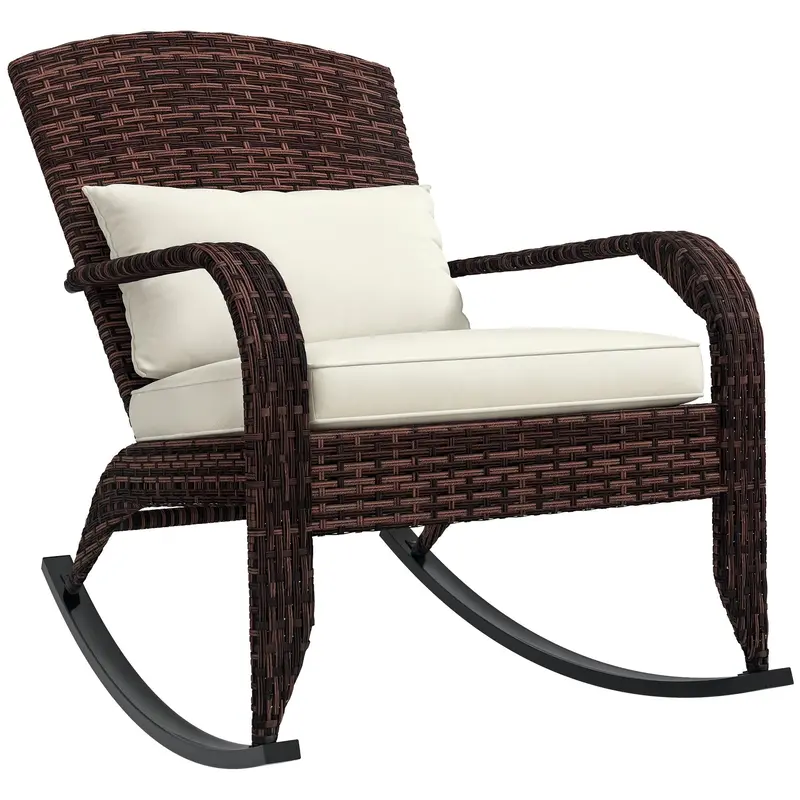 Wicker Adirondack Rocking Chair With Cushion And Pillow, Cream White/Brown 1