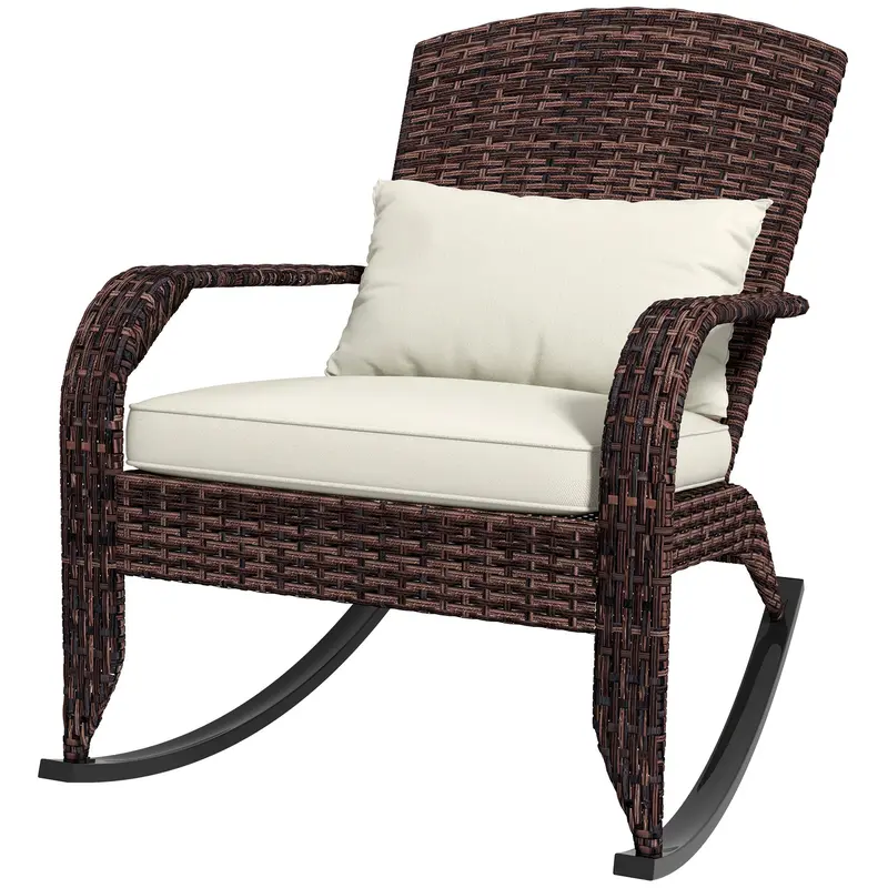 Wicker Adirondack Rocking Chair With Cushion And Pillow, Cream White/Brown 2