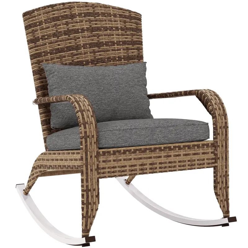 Wicker Adirondack Rocking Chair With Cushion And Pillow, Grey/Mixed Yellow 1