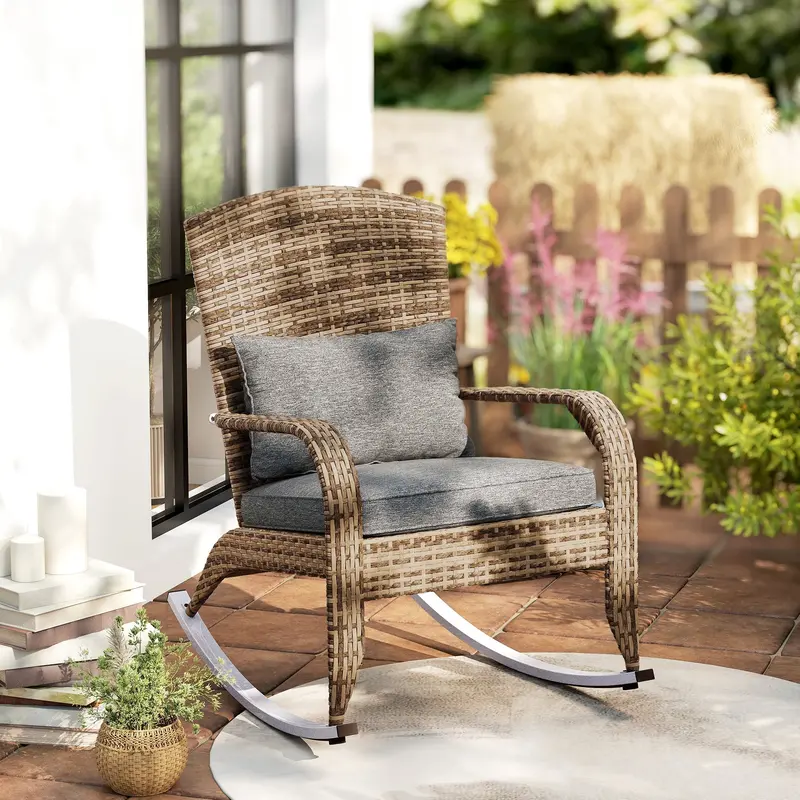 Wicker Adirondack Rocking Chair With Cushion And Pillow, Grey/Mixed Yellow 2
