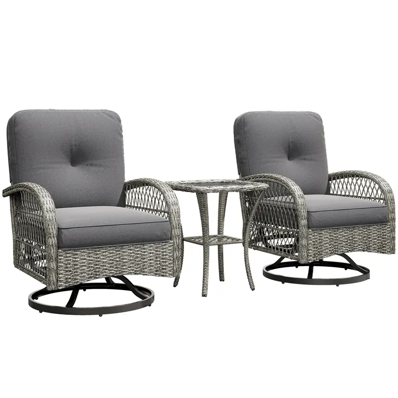 Wicker Balcony Furniture With 2 Swivel Rocking Chairs And 2-Tier Glass Coffee Table, Grey 1
