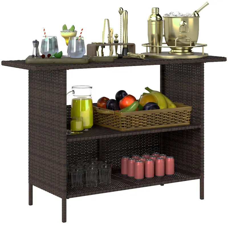 Wicker Outdoor Pe Rattan Patio Table With 2 Shelves & Steel Frame, All Weather, Dark Brown 1