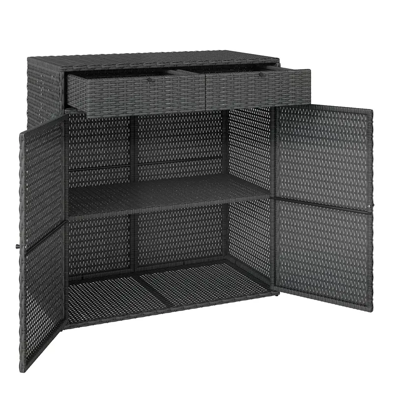 Wicker Outdoor Storage Cabinet With 2 Drawers And 2-Tier Shelves, Dark Grey 1