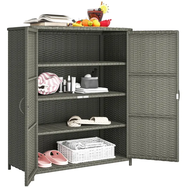 Wicker Outdoor Storage Cabinet With 4 Shelves And 2 Doors For Garden, Backyard, Dark Grey 1