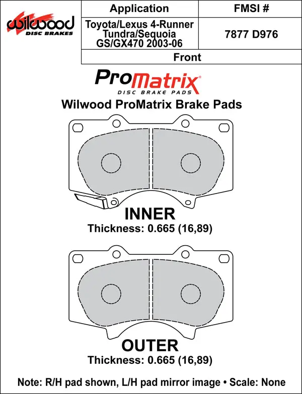 Wilwood .665In Thick D976 Bp-10 Brake Pad Set - 4 Pads 2