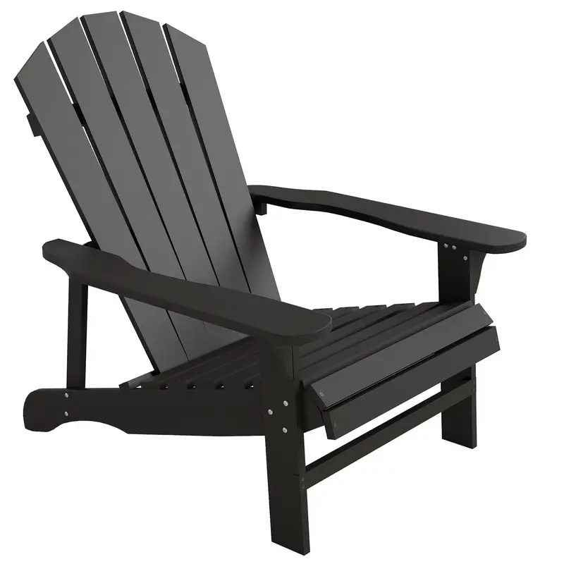 Wood Adirondack Muskoka Chair With Slatted Design For Deck, Garden, Backyard, Black 1