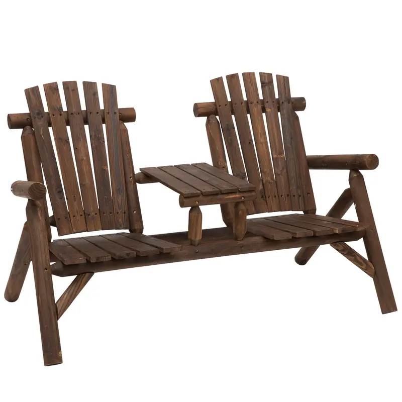 Wood Adirondack Patio Chair Bench With Center Coffee Table For Relaxing, Carbonized 1