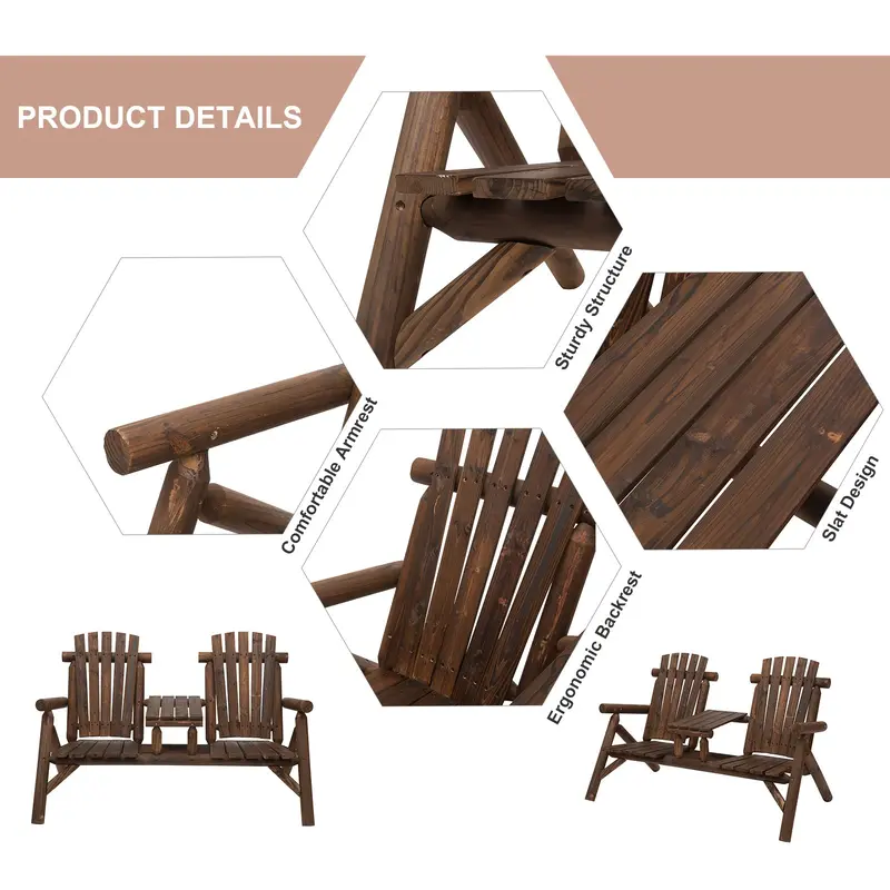 Wood Adirondack Patio Chair Bench With Center Coffee Table For Relaxing, Carbonized 2