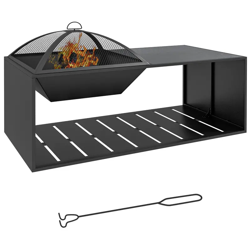 Wood-Burning Firepit Coffee Table With Ceramic Tile Top, Storage Shelf & Poker, Black 1