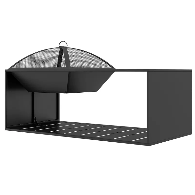 Wood-Burning Firepit Coffee Table With Ceramic Tile Top, Storage Shelf & Poker, Black 2