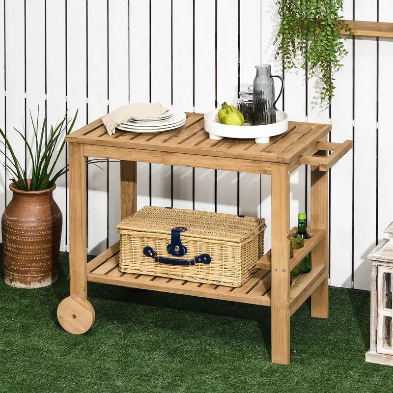 Wood Outdoor Bar Cart With 2 Shelves And Wine Holders, Natural 1