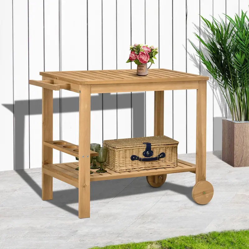 Wood Outdoor Bar Cart With 2 Shelves And Wine Holders, Natural 2