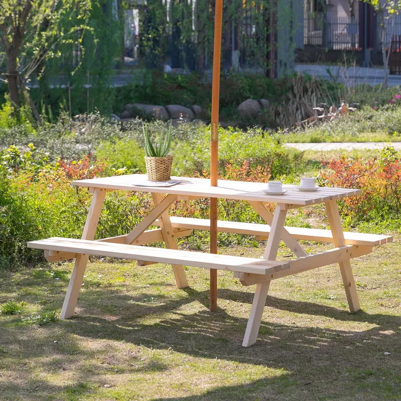 Wood Picnic Table And Bench Set With Umbrella Hole For Outdoor, Garden, Patio, Natural 2
