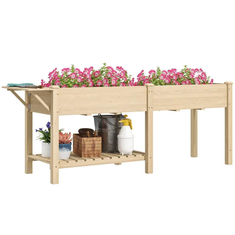 Wood Raised Garden Bed With Foldable Side Table & Bottom Shelf, 81.5" X 23" X 30.5", Natural 1