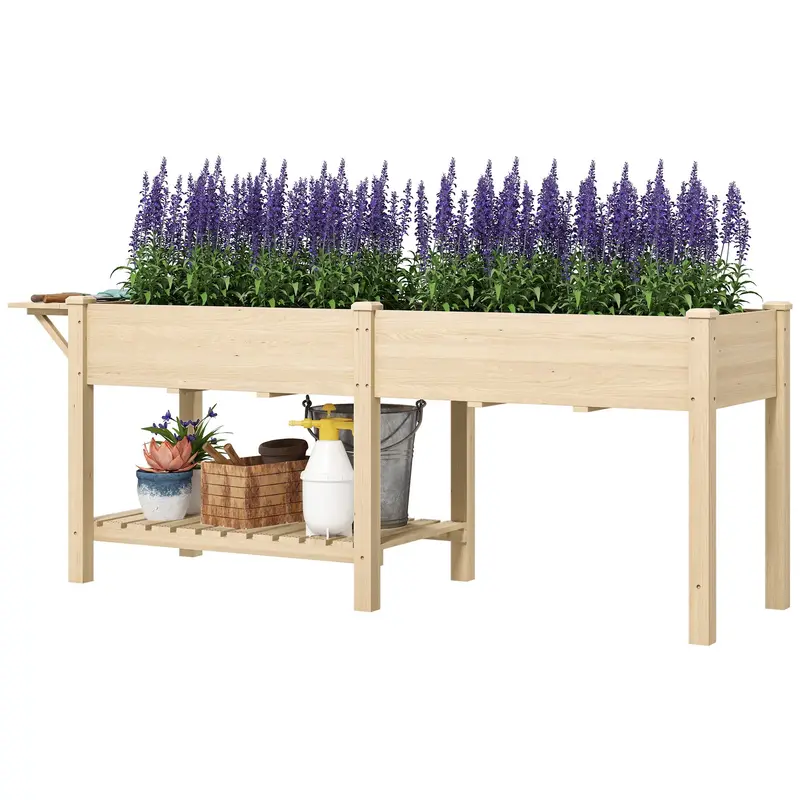 Wood Raised Garden Bed With Foldable Side Table & Bottom Shelf, 81.5" X 23" X 30.5", Natural 2