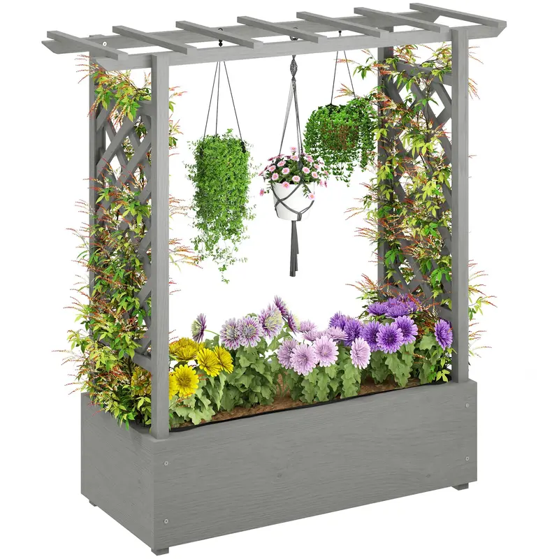 Wood Raised Garden Bed With Trellis, Hanging Roof, Drainage Holes And Liner,43.3" X 17.3" X 44.9", Grey 1
