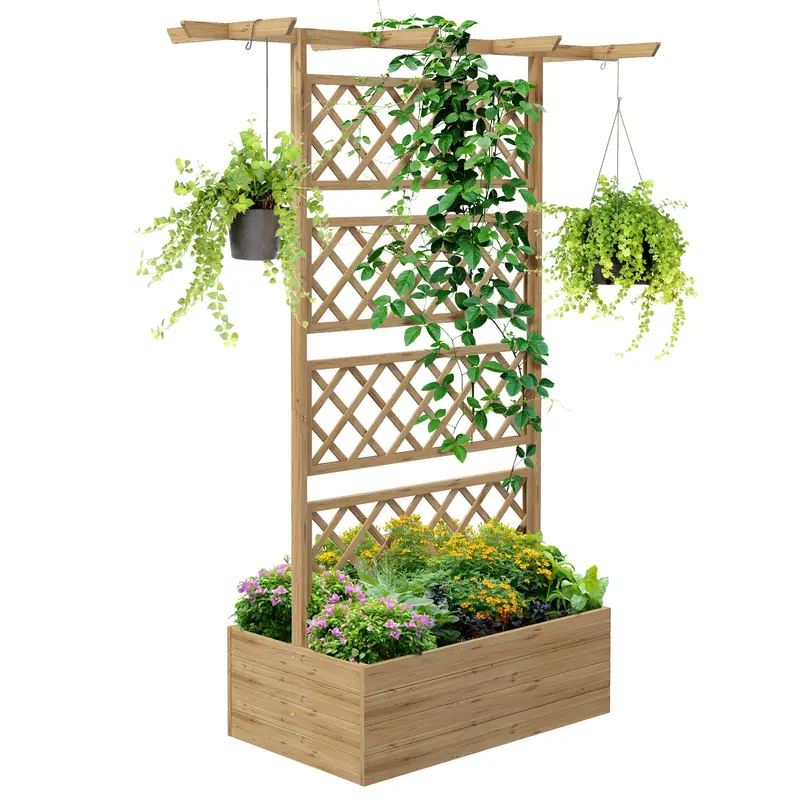 Wood Raised Garden Bed With Trellis, Roof And Privacy Screen, Natural 1