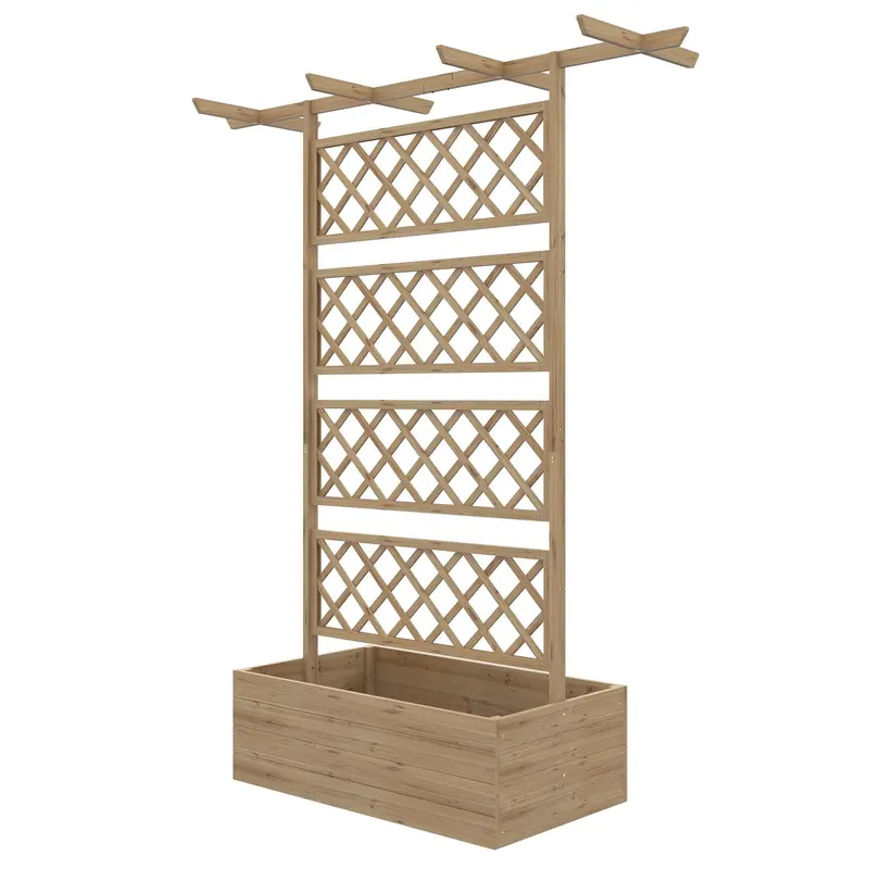 Wood Raised Garden Bed With Trellis, Roof And Privacy Screen, Natural 2