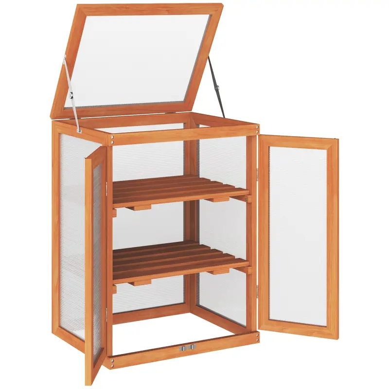 Wooden 2 Tier Cold Frame Greenhouse With Polycarbonate Panels, Orange 1