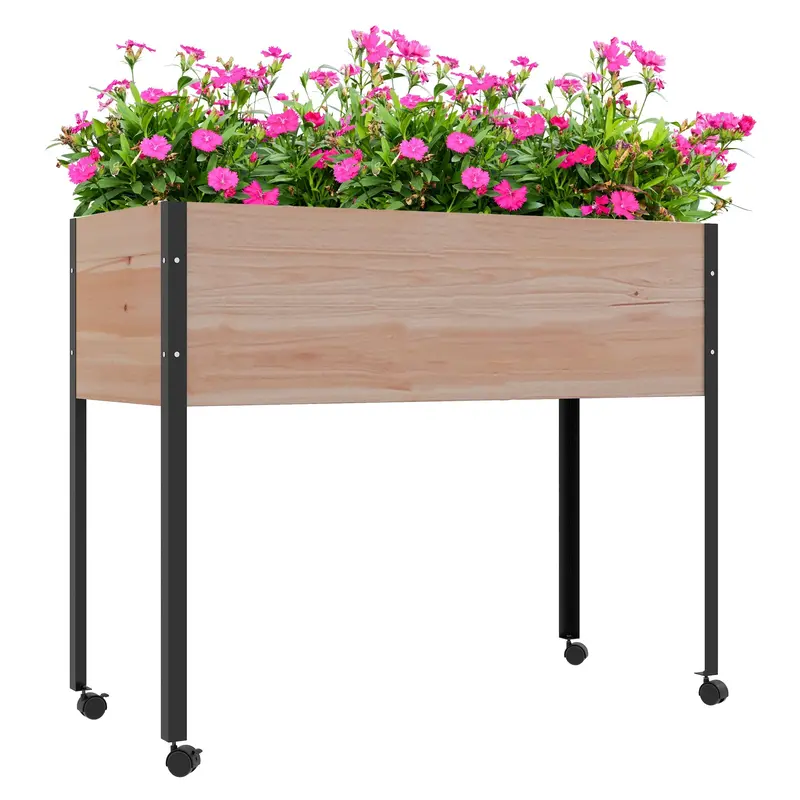 Wooden Elevated Planter Box With Wheels & Drainage Holes 1
