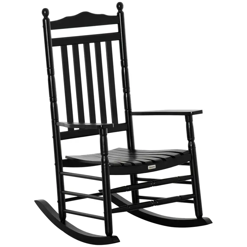 Wooden Outdoor Patio Rocking Chair With Slatted High Back & Armrests For Porch, Black 1