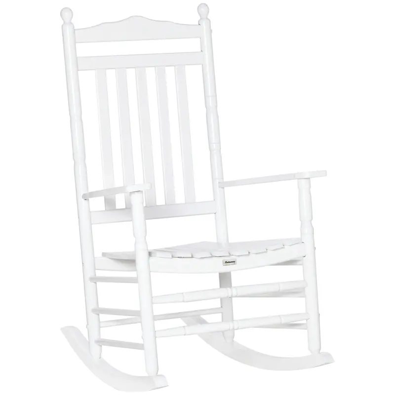 Wooden Outdoor Patio Rocking Chair With Slatted High Back & Armrests For Porch, White 1