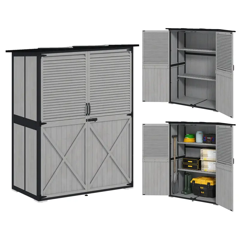 Wooden Outdoor Storage Cabinet With Lock & Adjustable Shelves,55" X 29" X 68", Grey 1