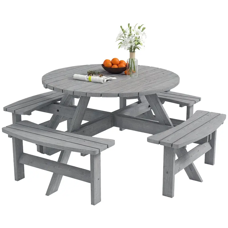 Wooden Patio Dining Set For 8 With Round Table And 4 Benches, Grey 1