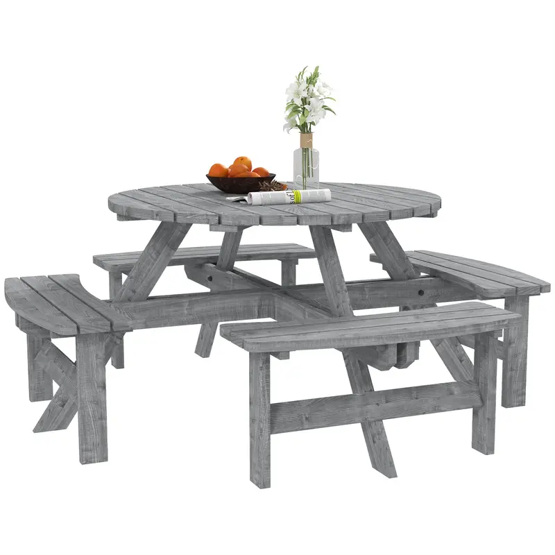 Wooden Patio Dining Set For 8 With Round Table And 4 Benches, Grey 2