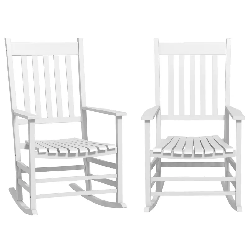 Wooden Patio Rocking Chairs Set Of 2 W/ Wide Armrests, High Back For Garden, Balcony, White 1