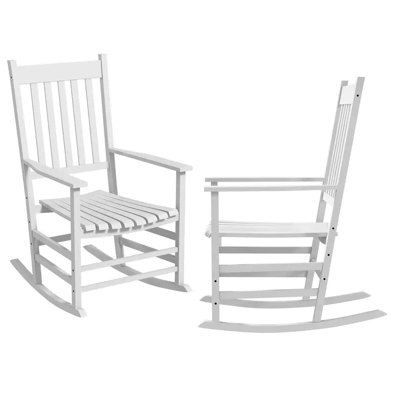 Wooden Patio Rocking Chairs Set Of 2 W/ Wide Armrests, High Back For Garden, Balcony, White 2